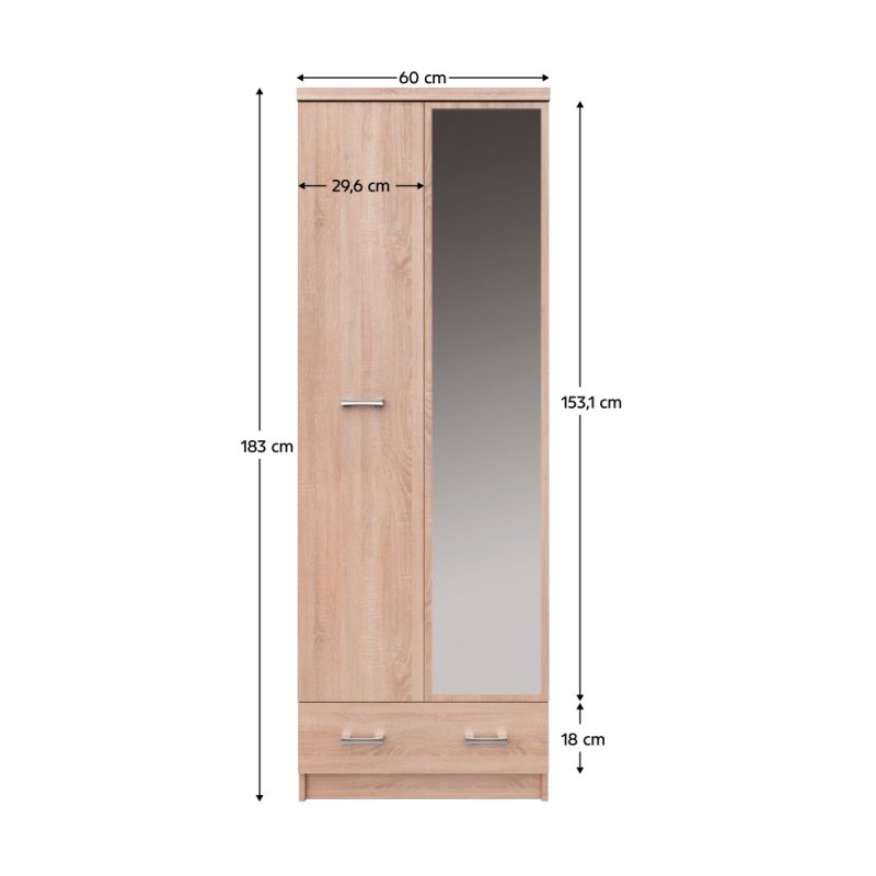 Skriňa, 60cm, vešiaková, dub sonoma, zrkadlo, TOPTY TYP 38 2D1S