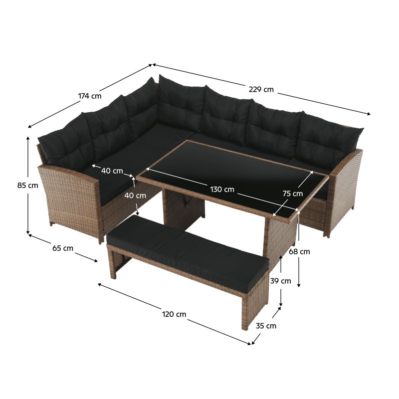 Záhradný ratanový set, svetlohnedý ratan, čierna látka, MADUL