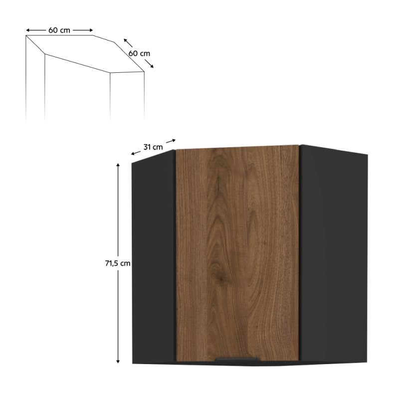 Horná skrinka rohová, 60cm, orech okapi, čierna, MENZO 60x60 GN-72 1F