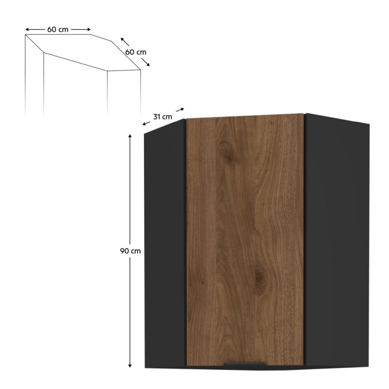 Horná skrinka rohová, 60cm, orech okapi, čierna, MENZO 60x60 GN-90 1F