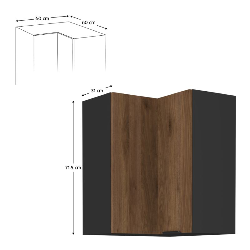 Horná skrinka rohová, 60cm, orech okapi, čierna, MENZO 60x60 GN-72 2F
