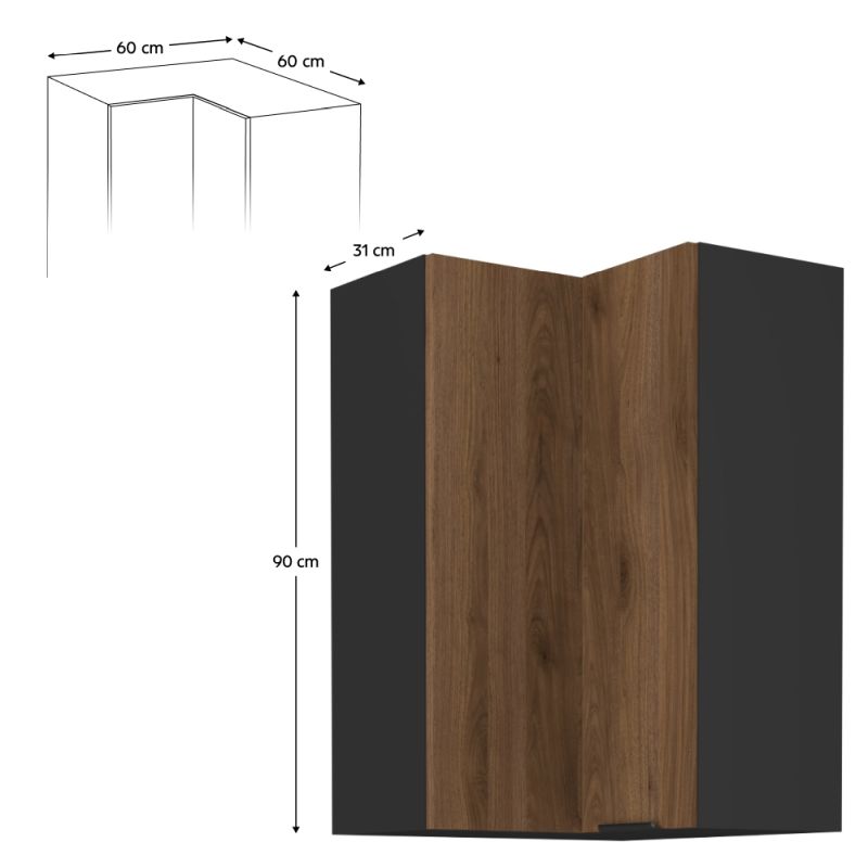 Horná skrinka rohová, 60cm, orech okapi, čierna, MENZO 60x60 GN-90 2F