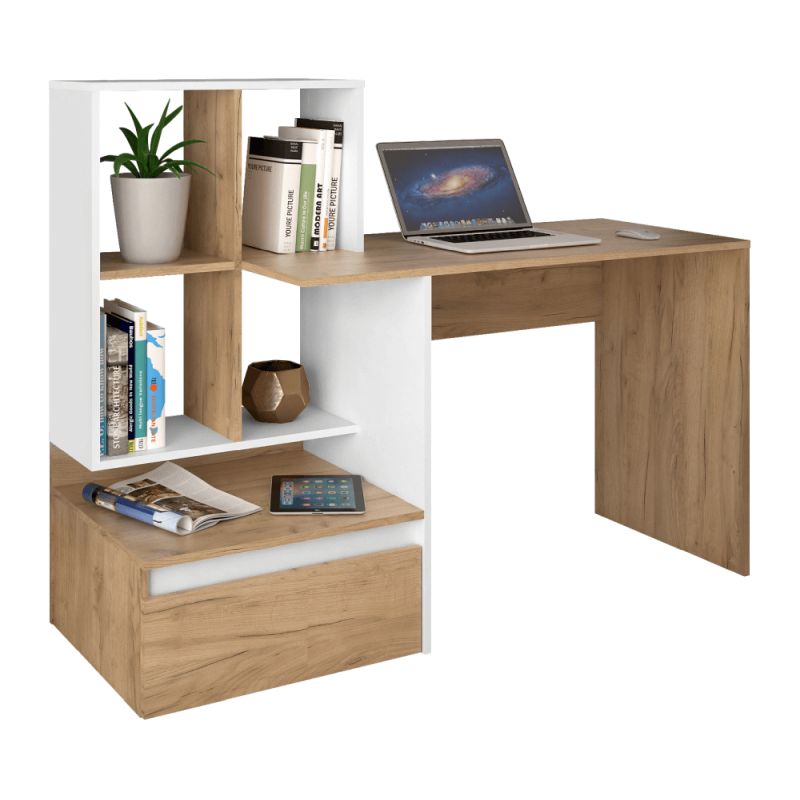 PC stôl, 145x52cm, dub artisan, biely, NEREO NEW