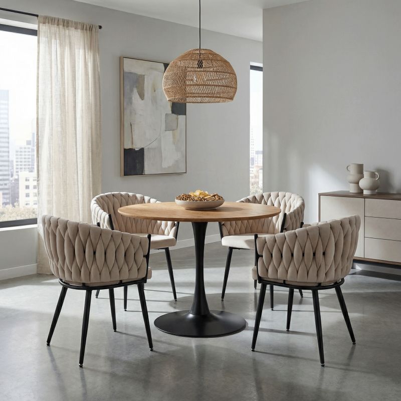 Jedálenský stôl, okrúhly 110cm, MDF, dub, čierny, REVENTON NEW