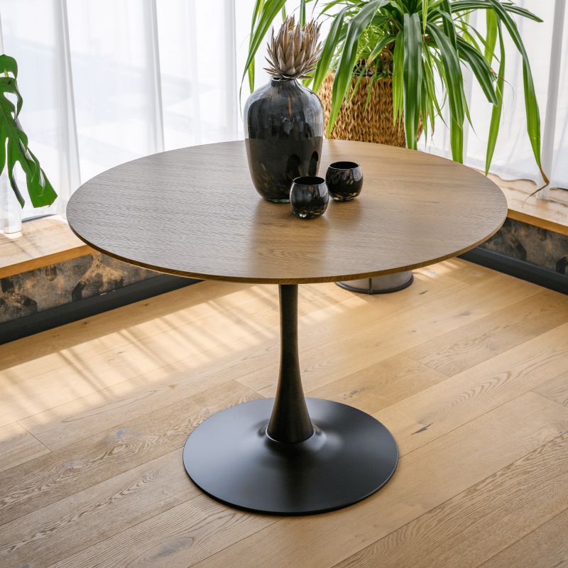 Jedálenský stôl, okrúhly 110cm, MDF, dub, čierny, REVENTON NEW