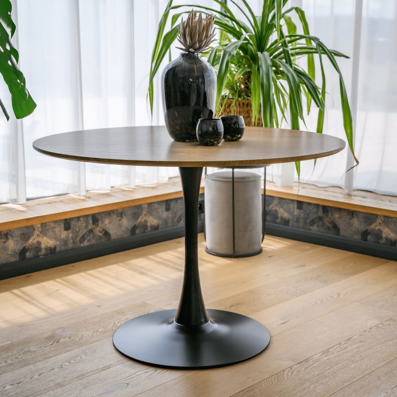 Jedálenský stôl, okrúhly 110cm, MDF, dub, čierny, REVENTON NEW