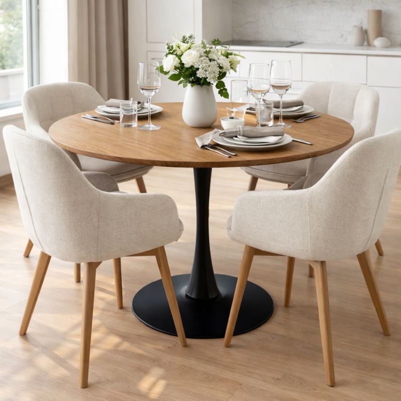 Jedálenský stôl, okrúhly 110cm, MDF, dub, čierny, REVENTON NEW