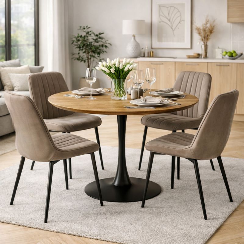 Jedálenský stôl, okrúhly 110cm, MDF, dub, čierny, REVENTON NEW