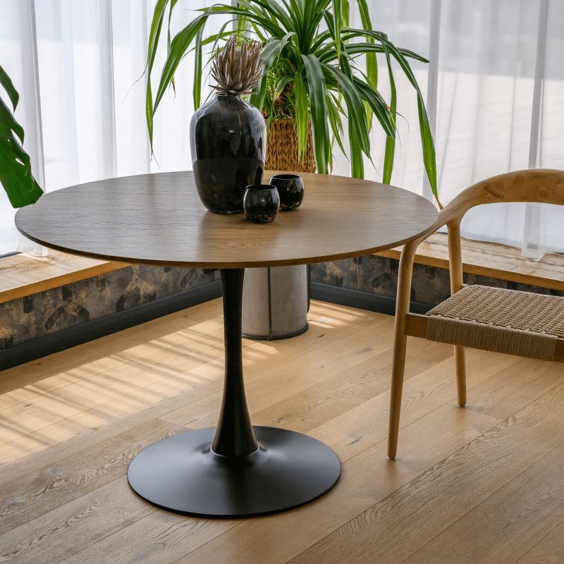 Jedálenský stôl, okrúhly 110cm, MDF, dub, čierny, REVENTON NEW