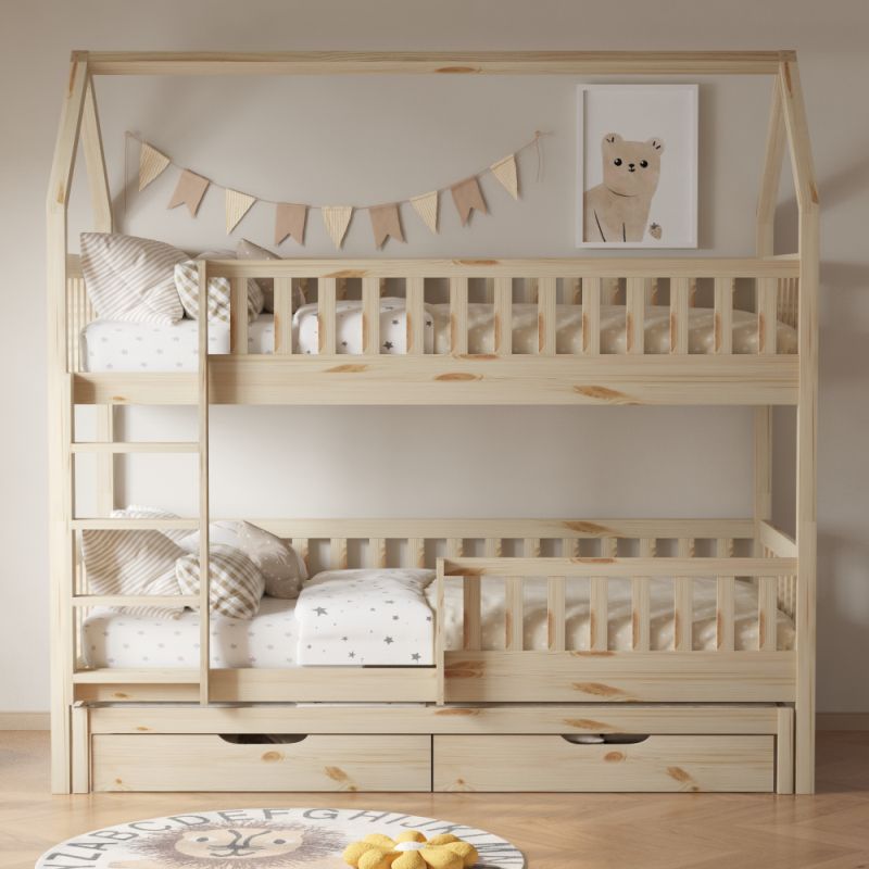 Montessori poschodová posteľ, 90x200, s prístelkou, prírodná, VENITA TYP 1