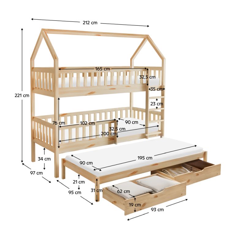Montessori poschodová posteľ, 90x200, s prístelkou, prírodná, VENITA TYP 1