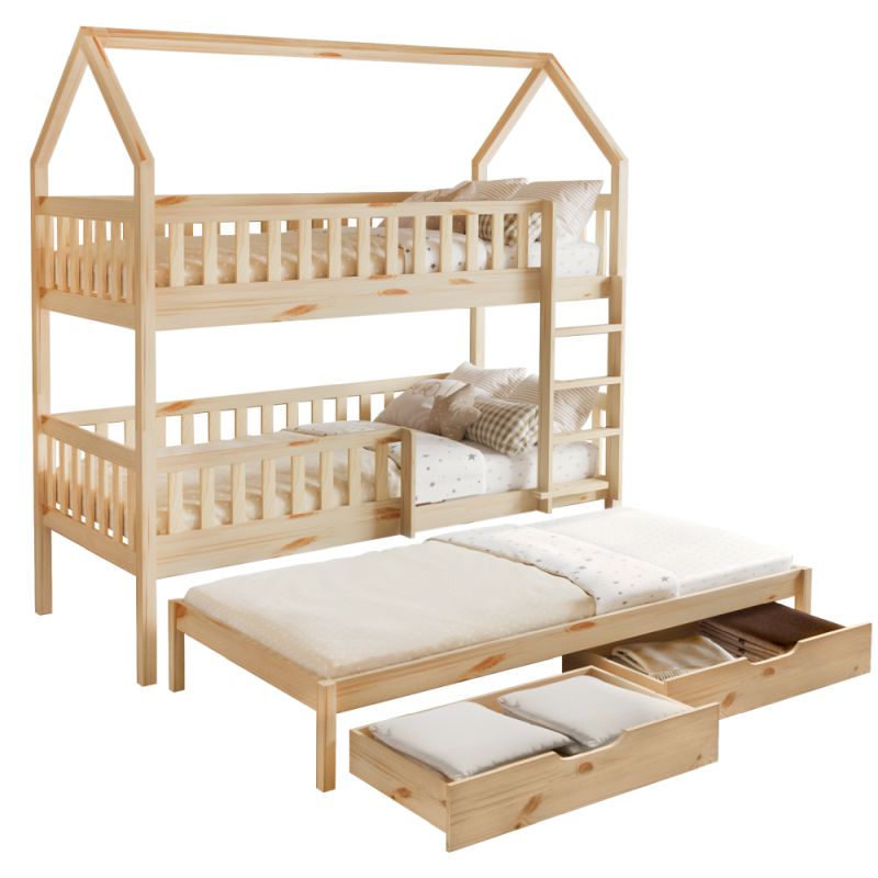 Montessori poschodová posteľ, 90x200, s prístelkou, prírodná, VENITA TYP 1