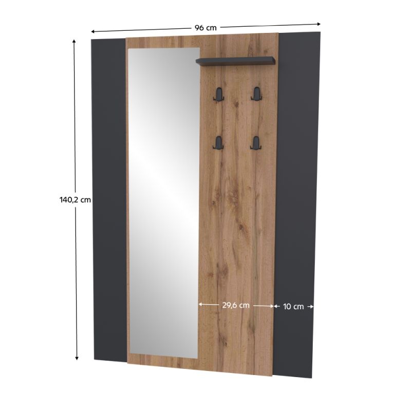 Vešiakový panel so zrkadlom, 96cm, dub wotan, čierny, AMONI