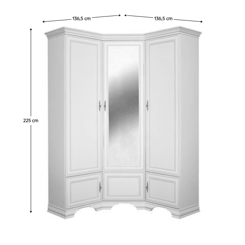 Rohová skriňa, 136cm, kombinovaná, alpská biela, zrkadlo, KENTAK SZFN5D