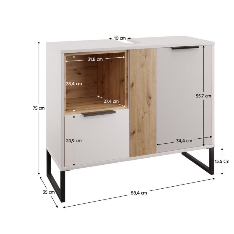 Skrinka pod umývadlo, 88cm, biela, dub artisan, CUBO CUB03