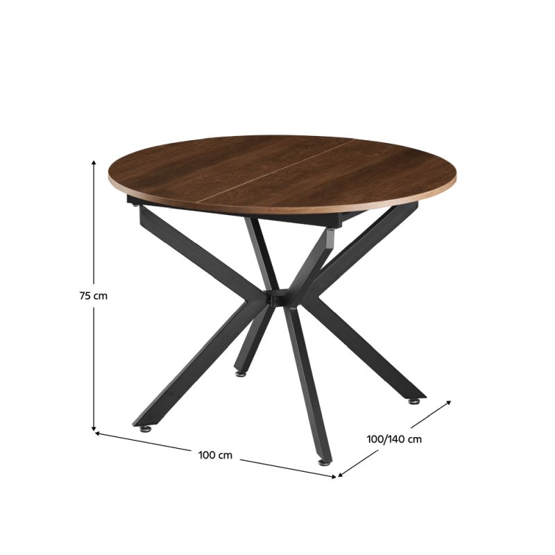 Jedálenský stôl, okrúhly, 100cm, rozkladací, MDF, dub tmavý, čierny, ABERO TYP 1