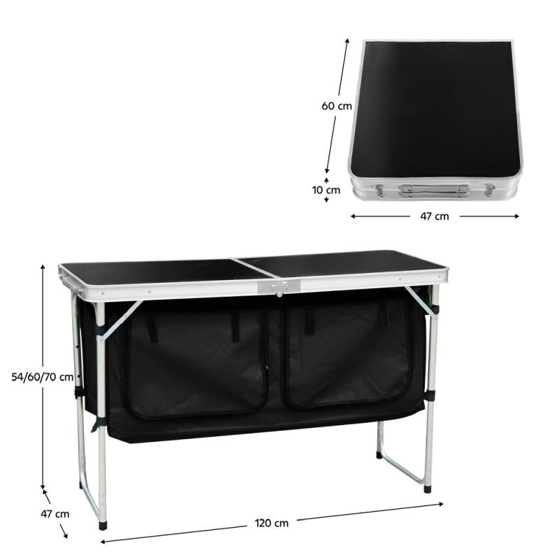 Skladací, kempingový stôl s organizérom, 120x47cm, hliník, MDF, látka, KEPI TYP 3
