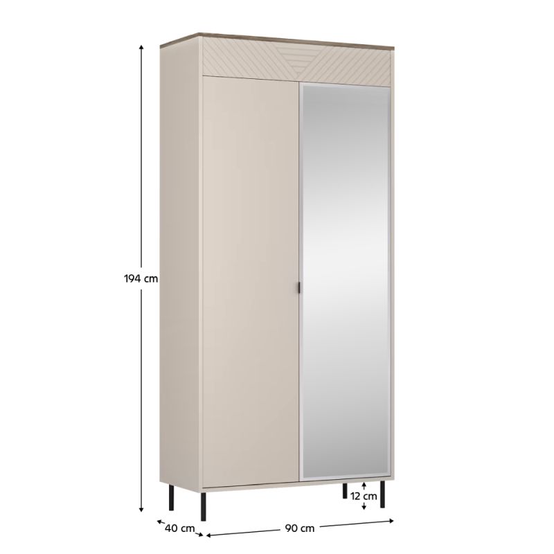 Skriňa, 90cm, kombinovaná, kašmír, dub castello, zrkadlo, EYCO 2D