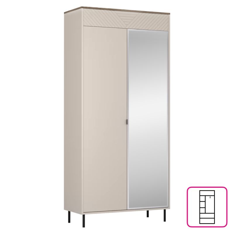 Skriňa, 90cm, kombinovaná, kašmír, dub castello, zrkadlo, EYCO 2D
