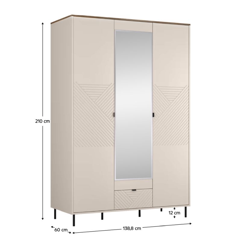 Skriňa, 139cm, kombinovaná, kašmír, dub castello, zrkadlo, EYCO 3D1S