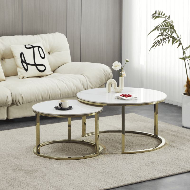 Konferenčné stolíky, set 2 ks, 80x80cm, imitácia mramoru, gold chróm zlatý, DEVNET 3 NEW