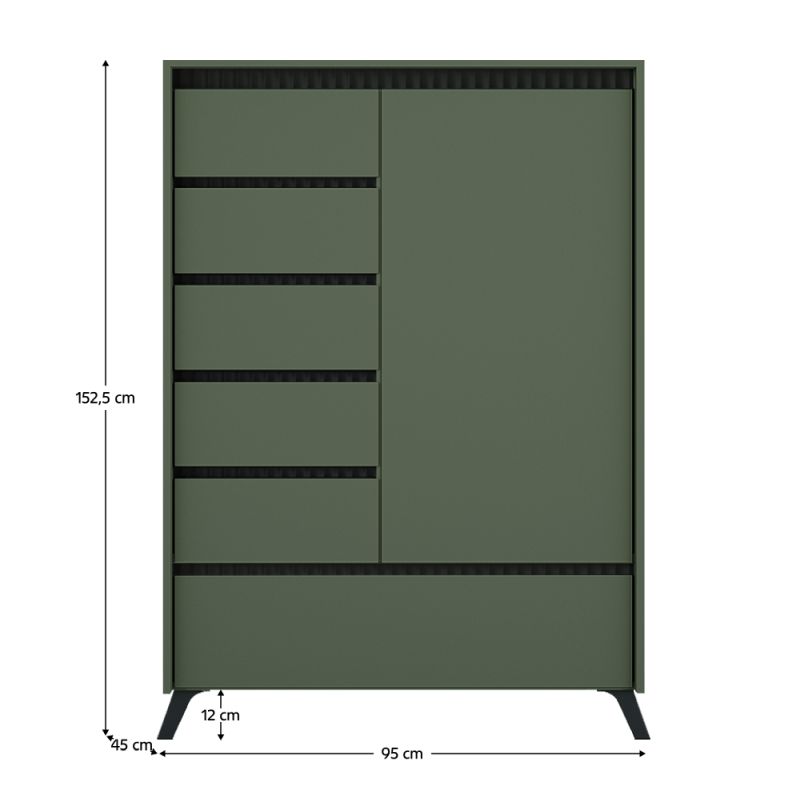 Komoda, 95cm, smoke zelená, čierna, kombinovaná, LONGY REG1D5S1K