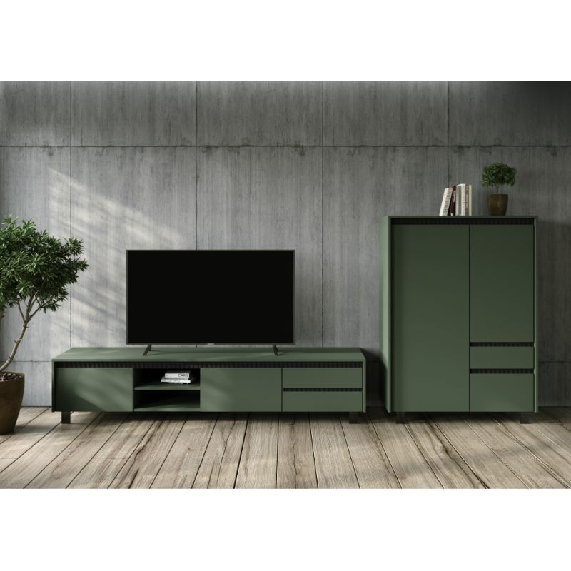 Komoda, 95cm, smoke zelená, čierna, kombinovaná, LONGY REG2D1S1K