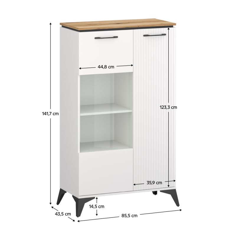 Nízka vitrína, 85cm, biela, dub evoke, VELIS 1D1W