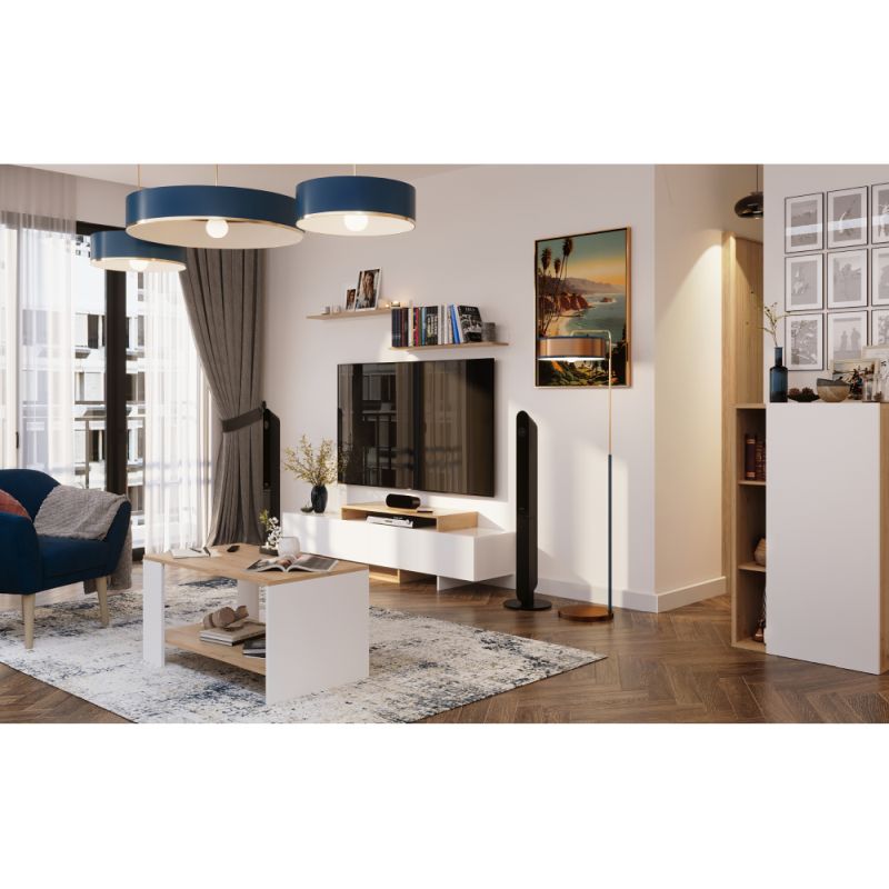 Obývacia stena, 180cm, biela, dub artisan, MILONA