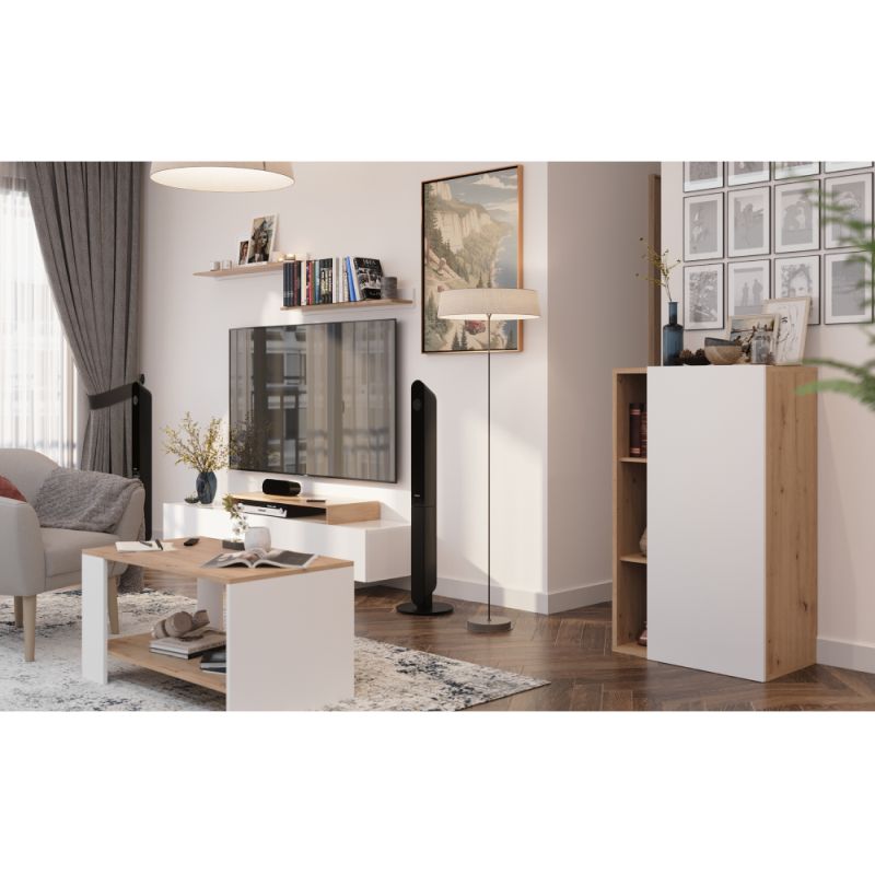 Obývacia stena, 180cm, biela, dub artisan, MILONA