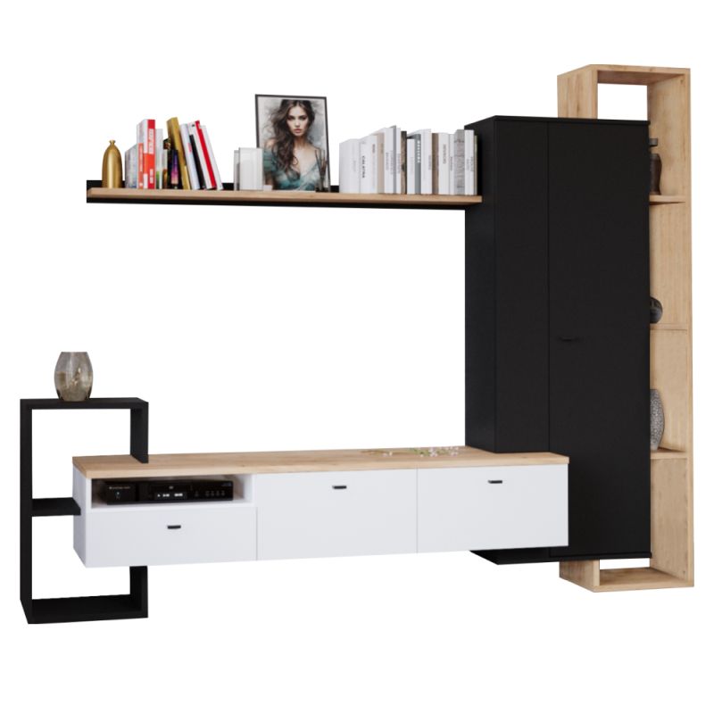 Obývacia stena, 240cm, čierna, biela, dub craft zlatý, DENISO
