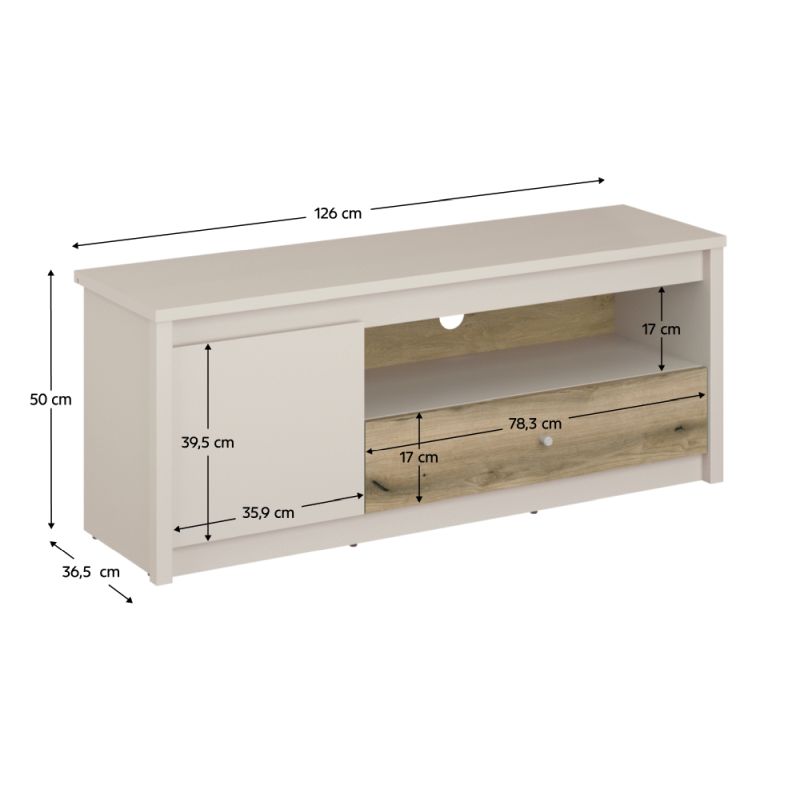 TV stolík, 126cm, kašmír, dub evoke, KAROS 1D1S