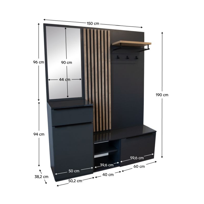 Predsieňová zostava, 150cm, antracit lesk, dub artisan, ALIVA V2