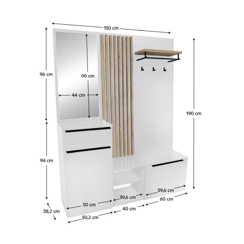 Predsieňová zostava, 150cm, biely lesk, dub artisan, ALIVA V2