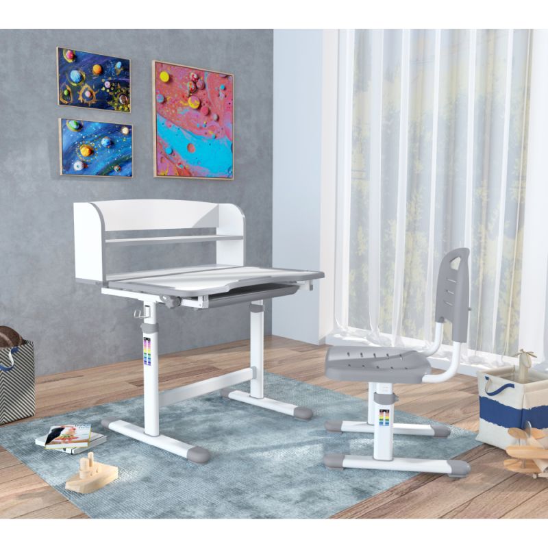 Rastúci písací stôl a stolička, 70x55cm, sivý, biely, set ZION