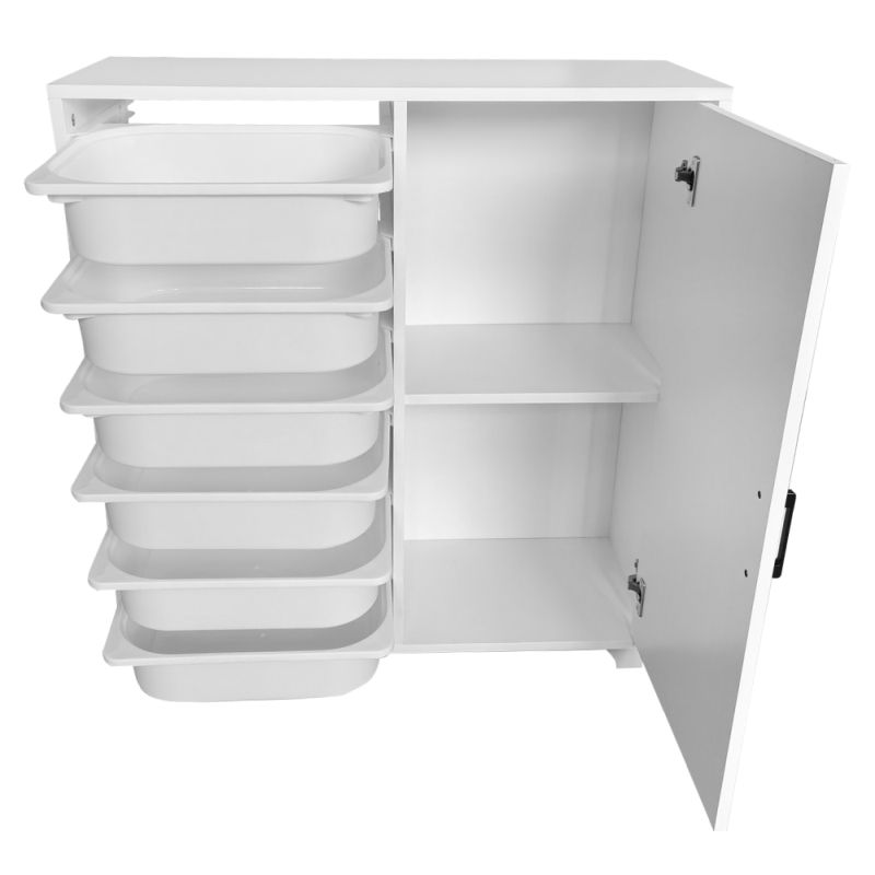 Regál, skrinka s úložnými boxmi, 80cm, biela, VELTO