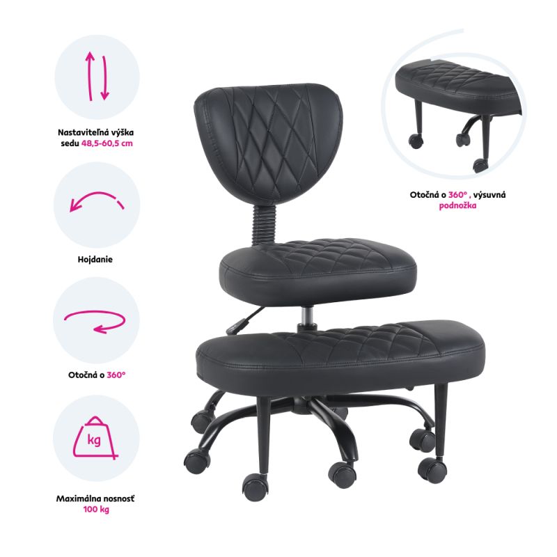Ergonomická kľakačka, 44cm, čierna ekokoža, čierny kov, SAMER