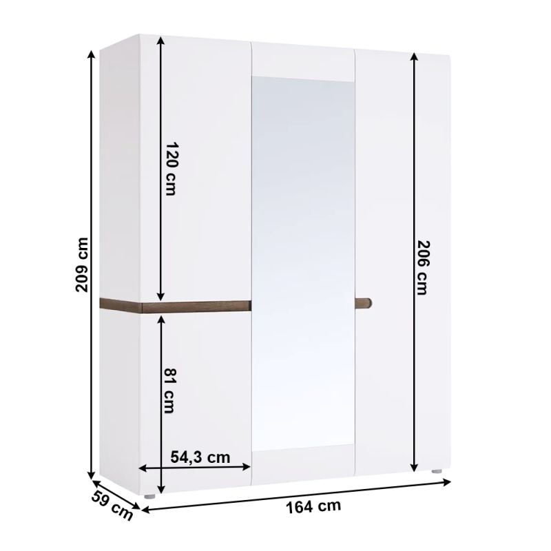 Skriňa, 164cm, kombinovaná, biela, dub, zrkadlo, LYNATET TYP 22