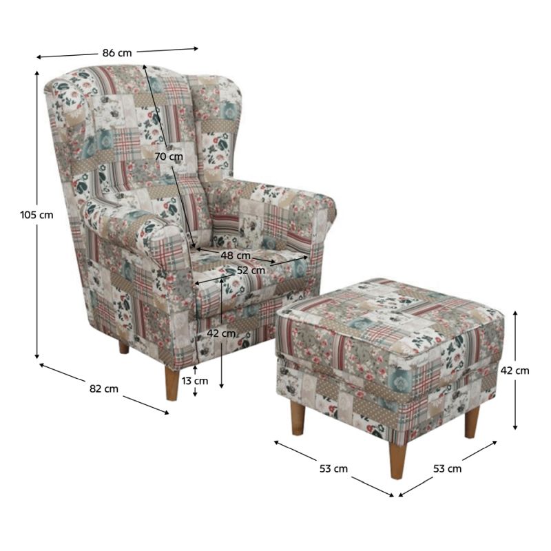 Kreslo, ušiak s taburetom, patchwork Viorica 1 látka, ASTRID