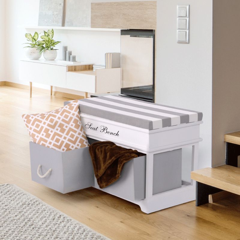 Lavica, 70cm, s vankúšom, biela, sivá, SEAT BENCH 2