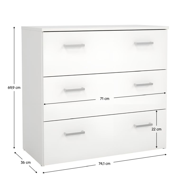 Komoda, 74cm, 3 zásuvková, biela, GARBO 3