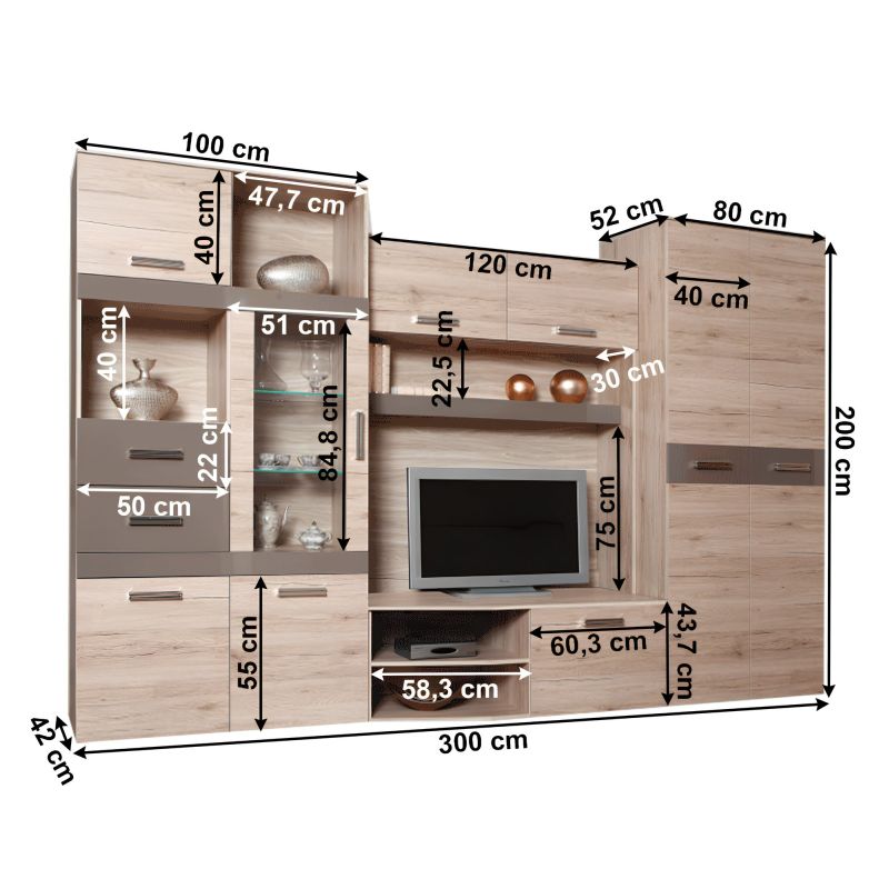 Obývacia stena, 300cm, dub san marino, latte, ASSOR