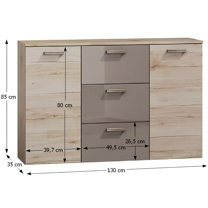 Komoda, 130cm, kombinovaná, dub san marino, latte, ASSOR