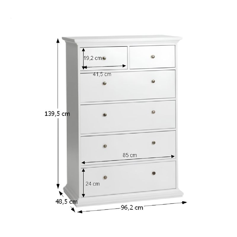 Komoda, 96cm, 6 zásuvková, biela, PARIS 6Z