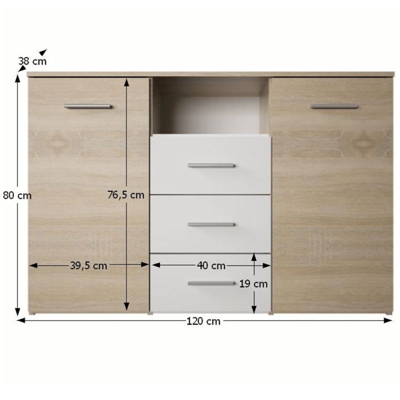 Komoda, 120cm, kombinovaná, dub sonoma, biela, GABRIELA