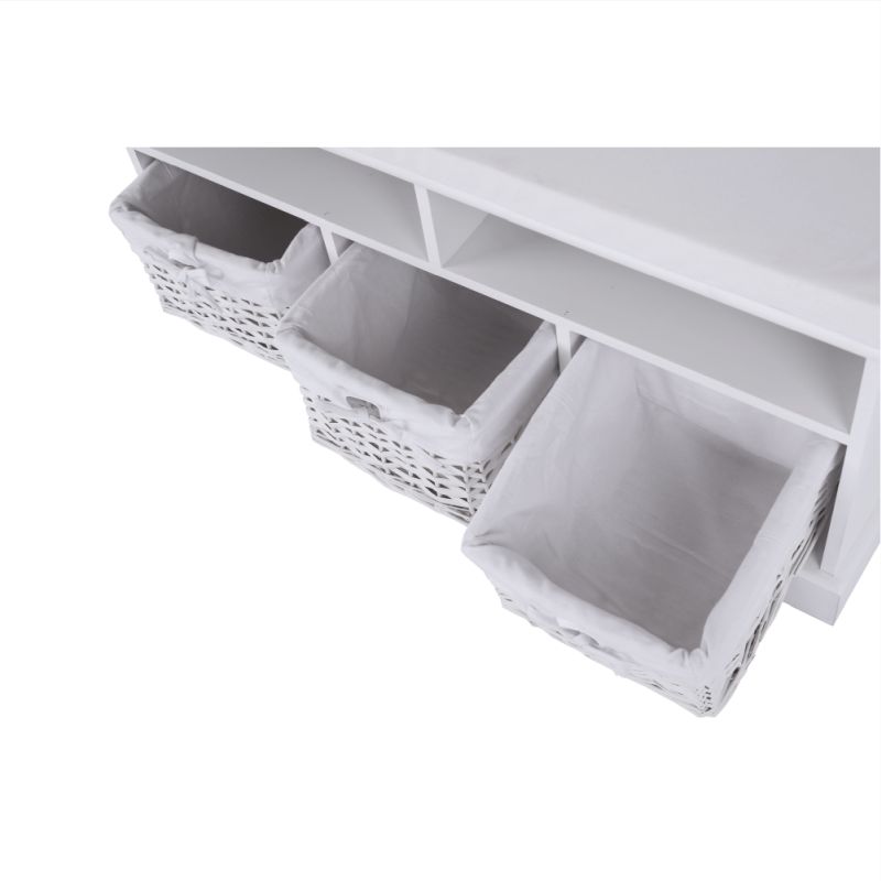 Lavica, 95cm, 3 košíky, 2 police, drevo, prútie, biela, RAFAELLO