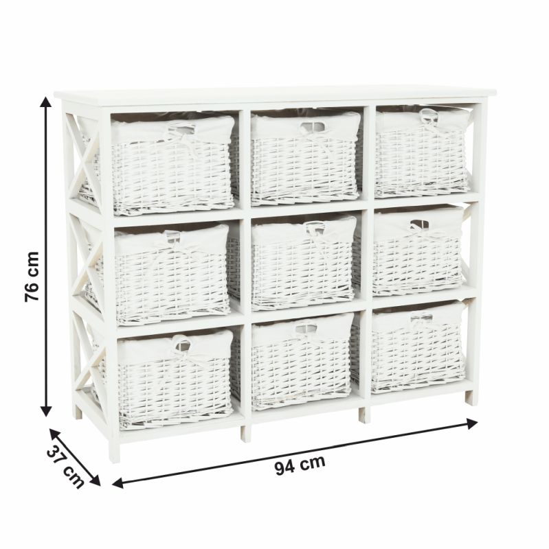 Komoda, 94cm, 9 košíkov, drevo, prútie, biela, RAFAELLO