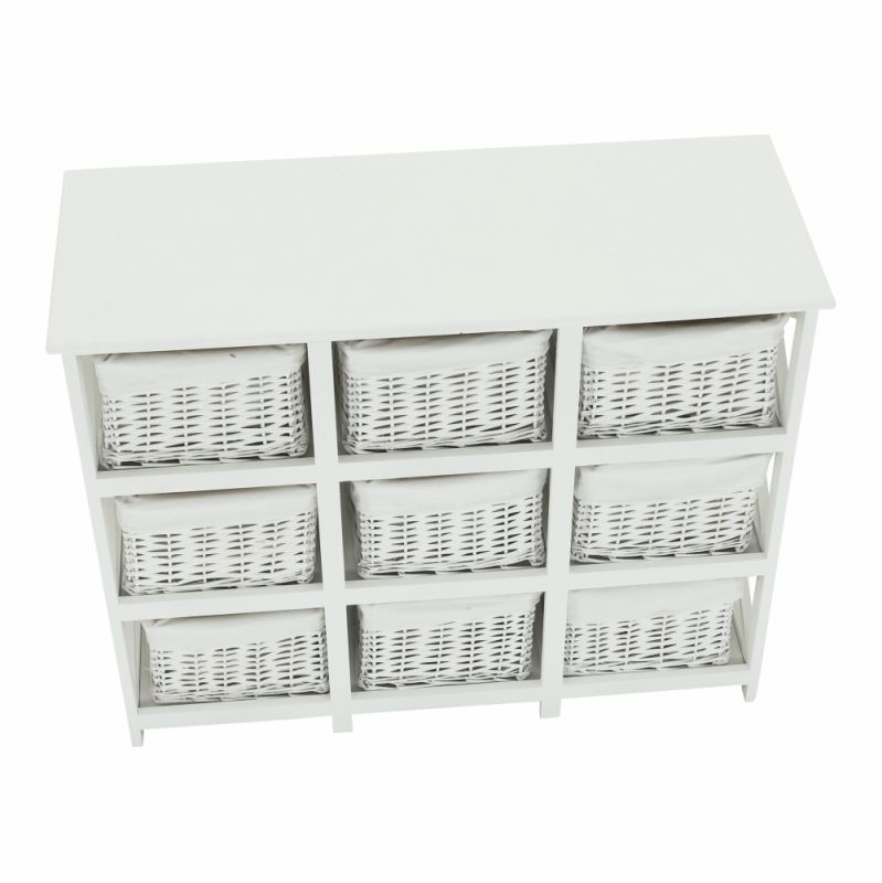 Komoda, 94cm, 9 košíkov, drevo, prútie, biela, RAFAELLO