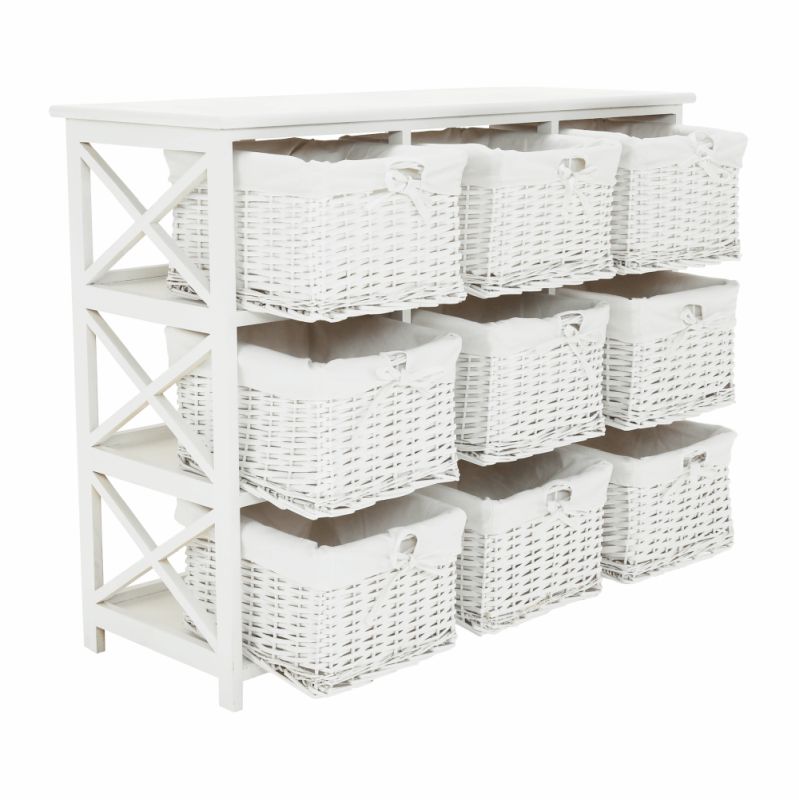 Komoda, 94cm, 9 košíkov, drevo, prútie, biela, RAFAELLO
