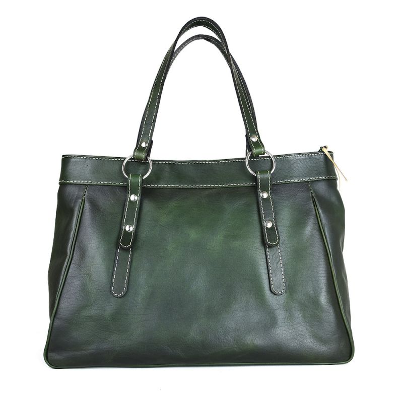 Módna kožená kabelka 8602 ručne tamponovaná a tieňovaná v tmavo zelenej farbe